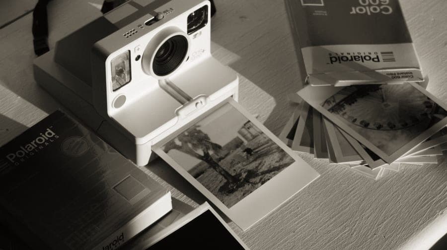 A stack of large square instant prints on a wooden surface